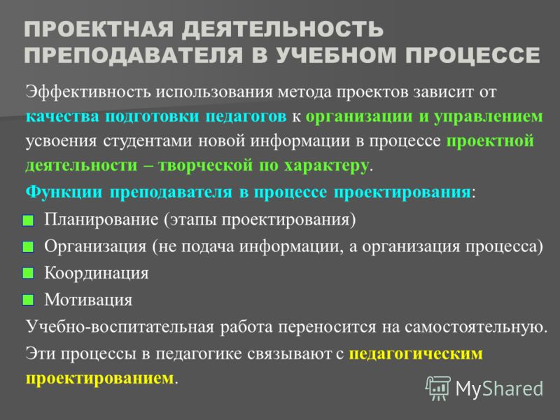 Технология проектной деятельности в образовательном процессе. От чего зависит эффективность процесса обучения. Метод проектов как педагогическая технология. Проект это связанный с педагогической деятельностью.